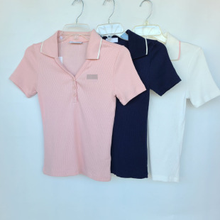 V领polo上衣 弹力短袖 5500鱼越南产 夏新多巴胺纯棉螺纹翻领T恤衫