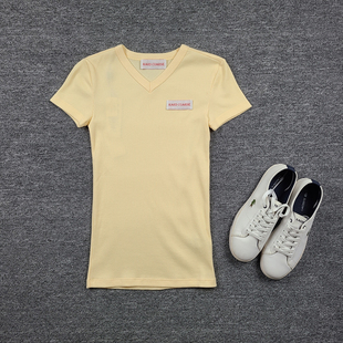 4162鱼 超大弹力修身针织短袖衫 100%纯棉简约V领T恤 显锁骨上衣