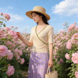 外穿毛衣knit开衫 5076法式 短款 上衣 轻奢SD 优雅针织V领一片式