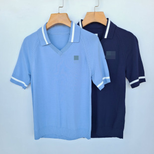 短袖 弹力修身 撞色POLO衫 上衣 5495鱼 优雅V领针织翻领T恤衫 夏新