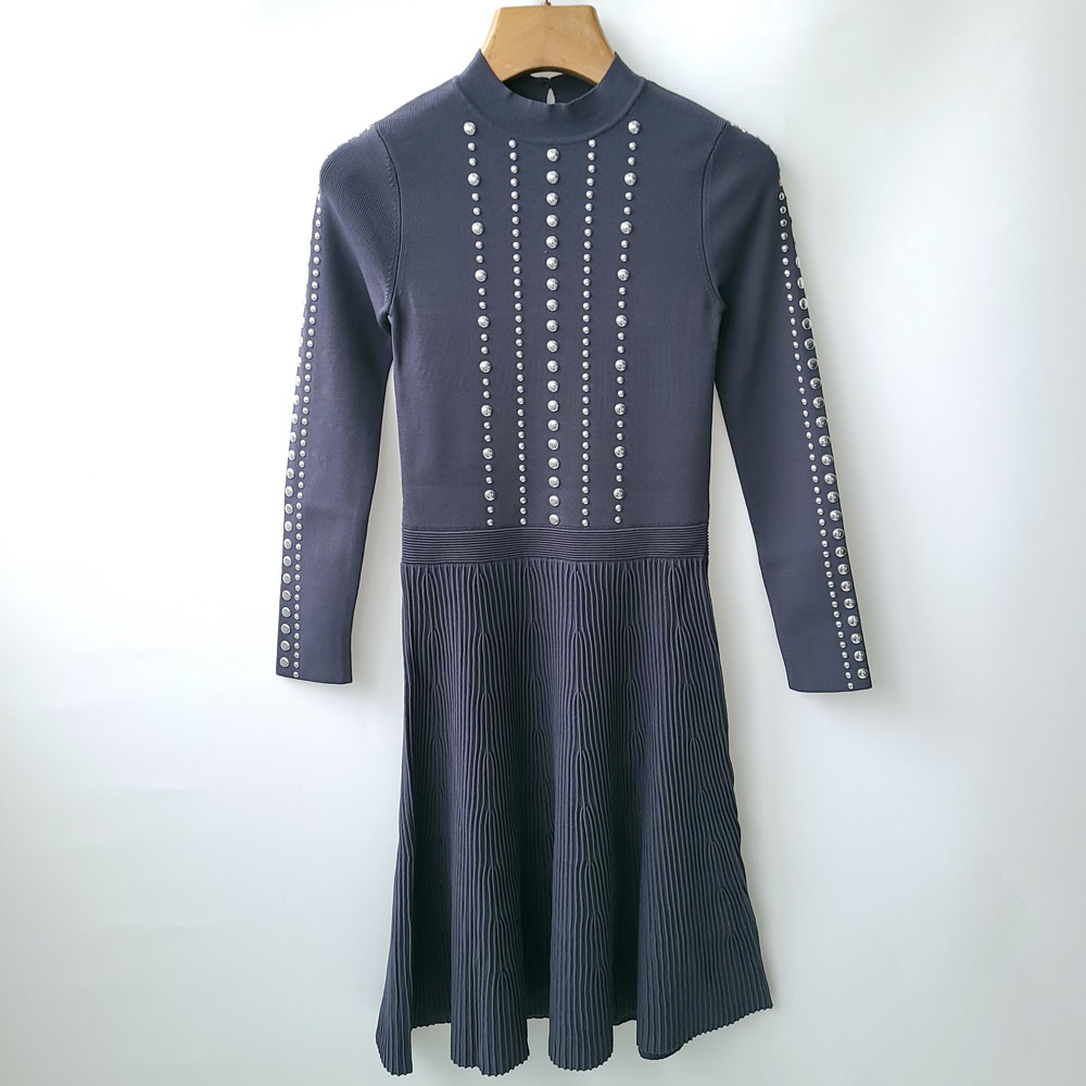 5205法式轻奢SD 金属装饰小立领连衣裙 显瘦收腰优雅通勤日常裙子