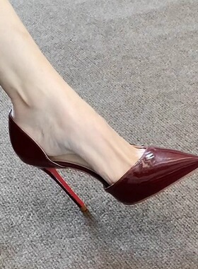 酒红色高跟鞋女2025春秋新款尖头细跟高跟侧空单鞋高级感浅口女鞋