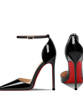 黑色漆皮中空一字扣带超高跟鞋凉鞋女尖头细跟性感2025年新款春秋