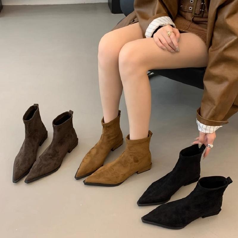 瘦瘦靴粗跟尖头短靴女2024年新款