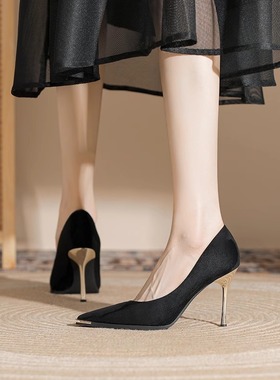 法式单鞋黑色加绒高跟鞋女细跟2025年秋冬新款气质职业百搭单鞋女