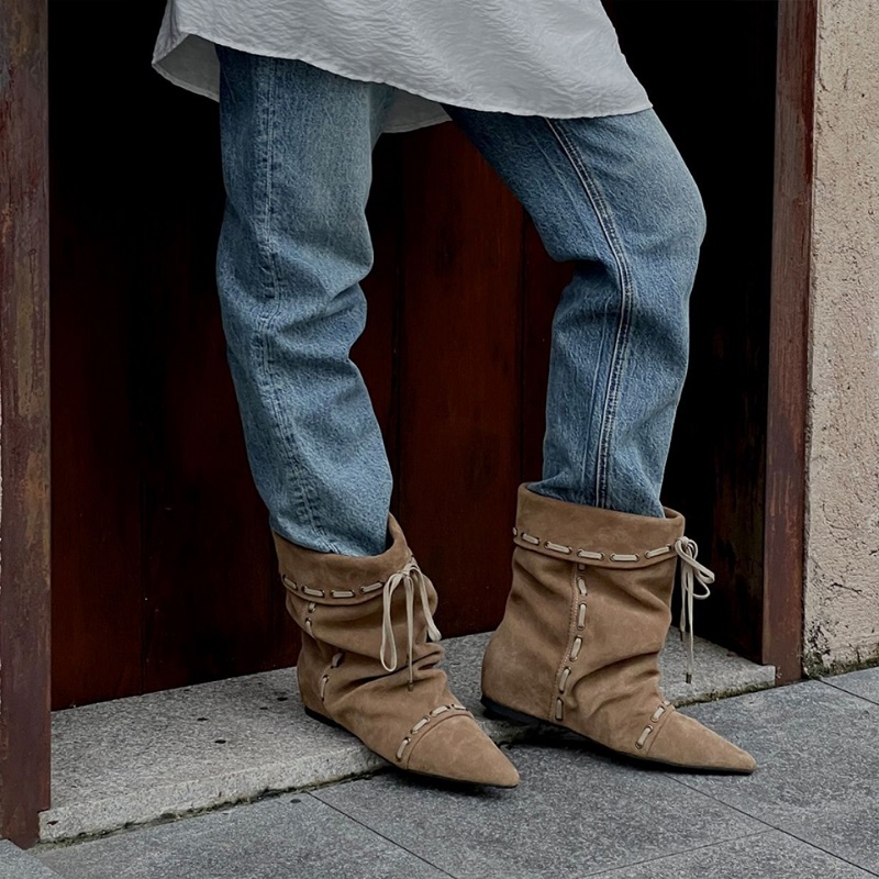 堆堆靴平底尖头复古短靴2025新款