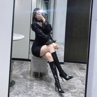 高筒黑色长靴女2025年新款春秋高跟鞋细跟中筒靴子尖头瘦瘦长筒靴