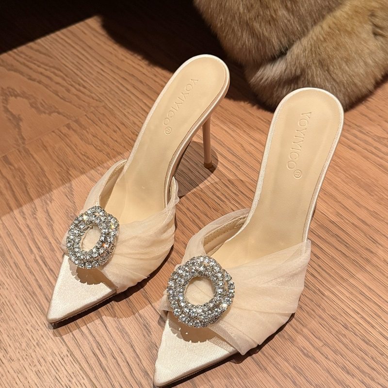 拖鞋女夏季外穿2025年新款高跟鞋细跟尖头水钻法式气质凉鞋配裙子,女鞋,一字拖,淘宝优惠券,粉丝福利购,淘宝优惠卷