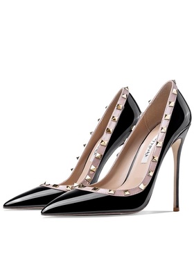 高跟鞋女2025年新款细跟浅口尖头铆钉黑色漆皮百搭单鞋职业工作鞋