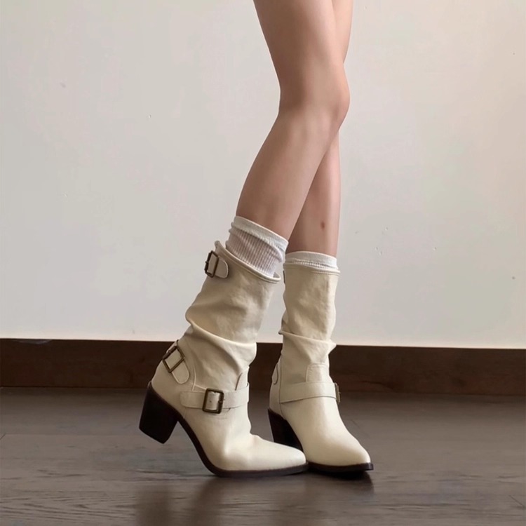 粗跟复古皮带扣尖头短靴2025新款