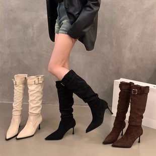 高跟尖头棕色美拉德瘦瘦靴长筒骑士靴女鞋2026春秋冬季堆堆长靴子