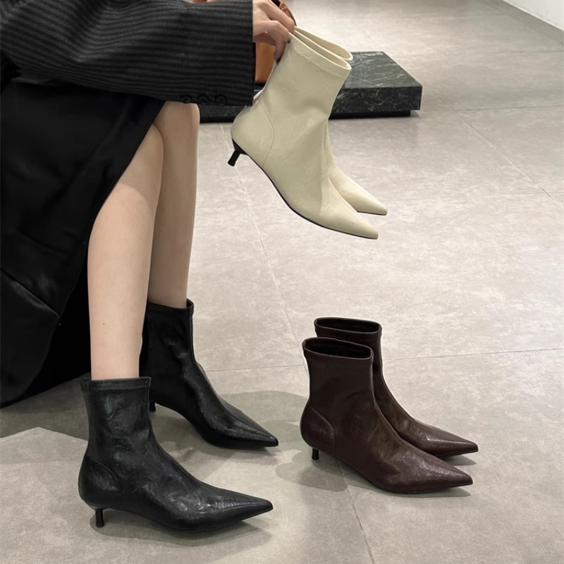 瘦瘦靴细跟尖头短靴2024秋冬新款
