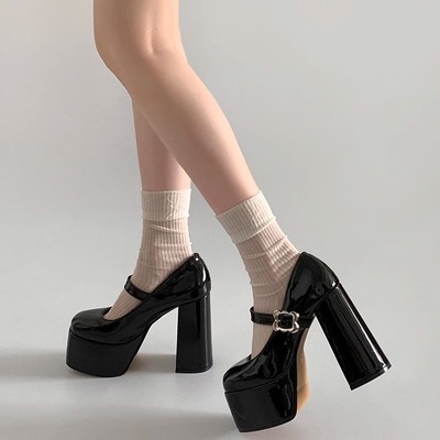 玛丽珍粗跟防水台百搭高跟鞋新款