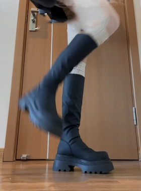 2025新款长靴女厚底高筒显瘦秋冬中筒靴堆堆靴小个子瘦瘦靴子黑色