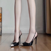 2025年尖头漆皮后空高跟凉鞋 细跟高跟鞋 单鞋 女金属铁头朴彩英法式
