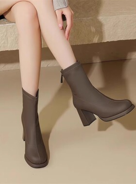 纯色黑色厚底高跟靴子女超火短靴2025年秋冬新款韩系显脚小瘦瘦靴