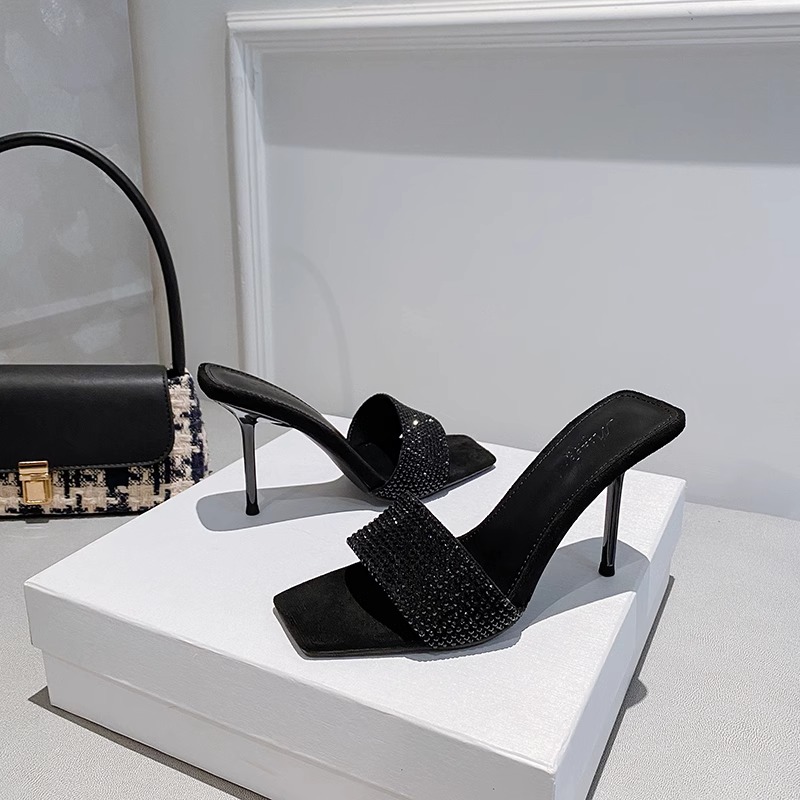 细跟方头水钻百搭凉拖2024夏新款