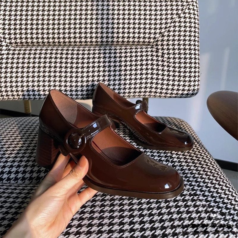 玛丽珍鞋女粗跟方头一字扣单鞋女