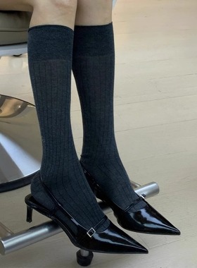 包头凉鞋女2024春秋新款浅口黑色高跟鞋后空中跟金属尖头法式单鞋