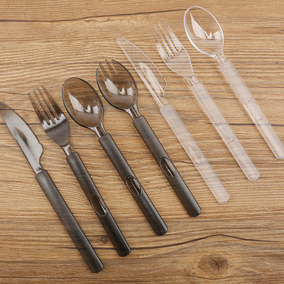 水果沙拉塑料叉子一次性外卖独立包装黑色半透明长柄加厚刀叉勺