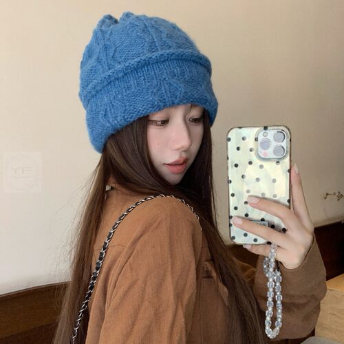 韩版绞花针织毛线帽女时髦保暖大头围冷帽百搭显脸小包头帽堆堆帽