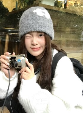 double i i 百搭针织毛线包头帽子女韩版花朵保暖护耳冷帽