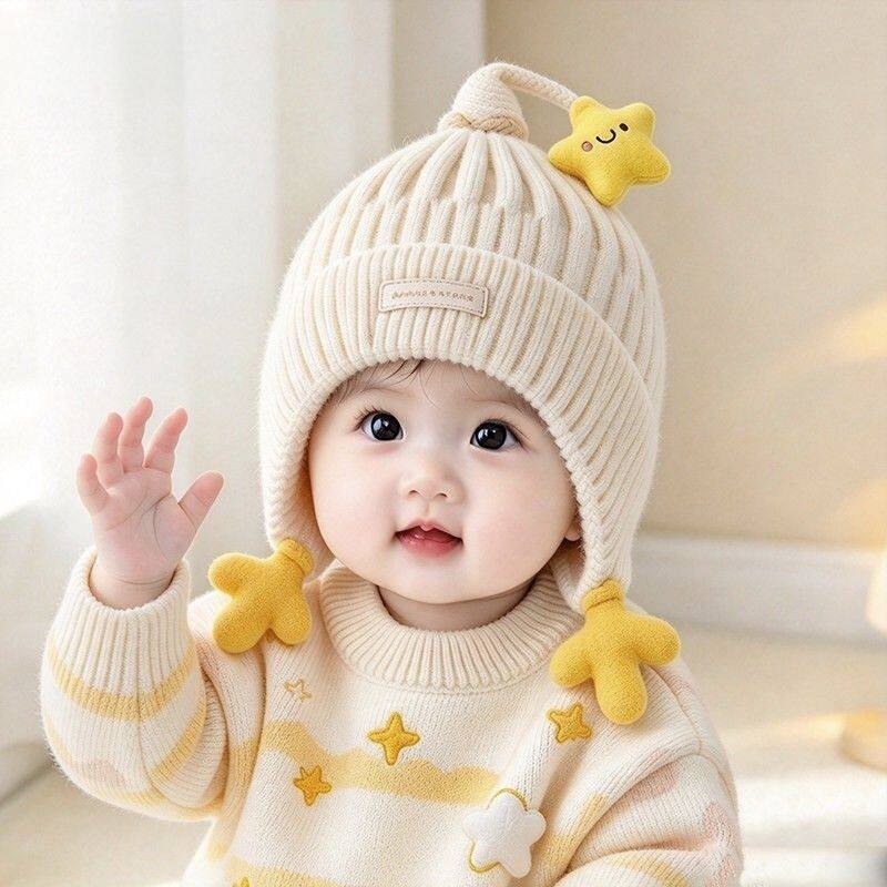 宝宝帽子秋冬季毛线帽护耳帽男童女婴幼儿可爱星星韩版婴幼儿保暖
