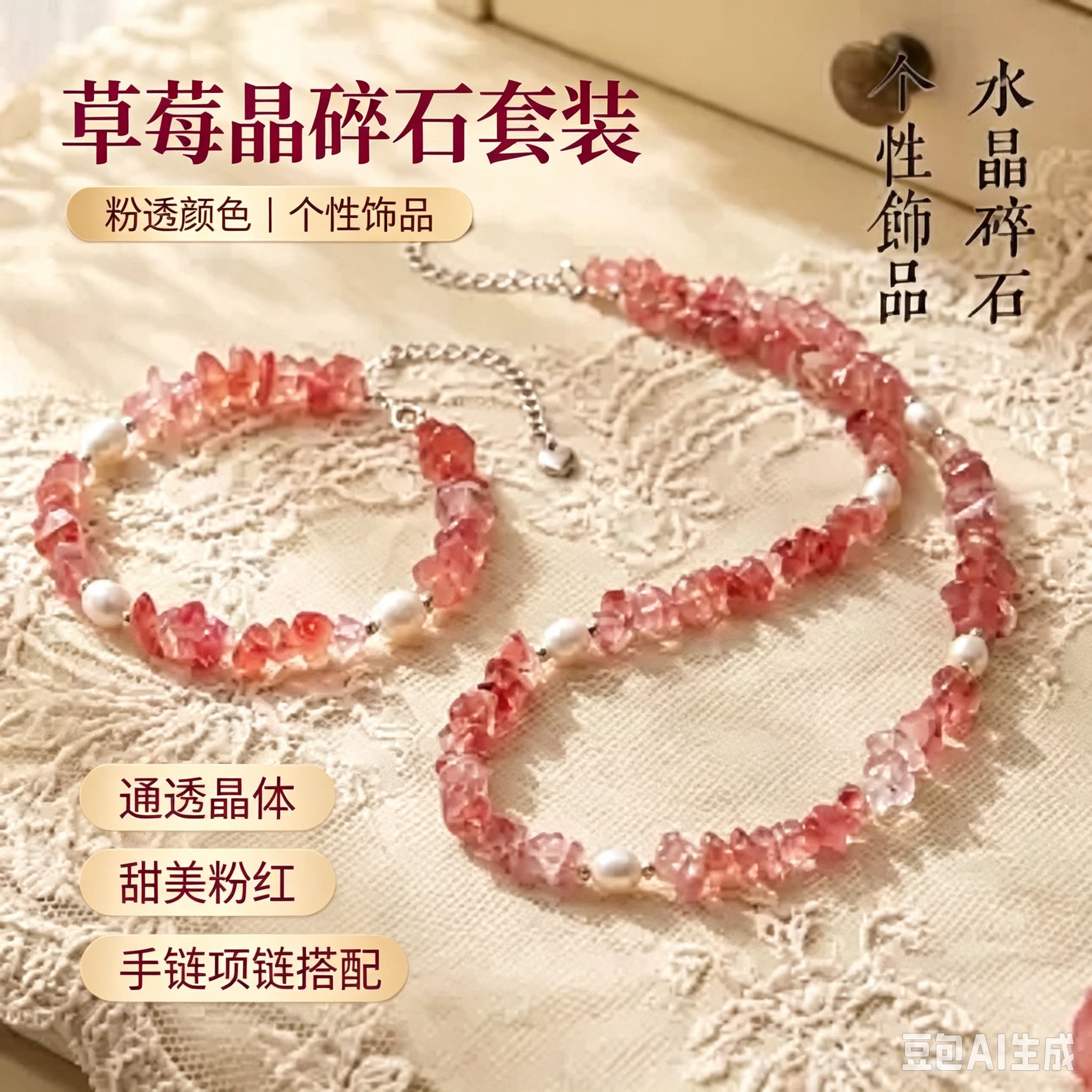 西瓜红碎石首手形珠白水晶手链