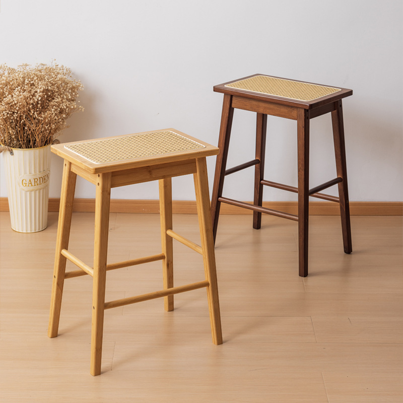 藤编高脚凳日式复古家用加厚实木吧台凳结实耐用高板凳多场景使用
