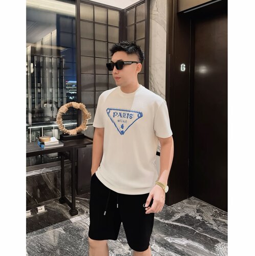 倒三角26夏日巴黎莫代尔弹性印花情侣短袖男士高级感T恤