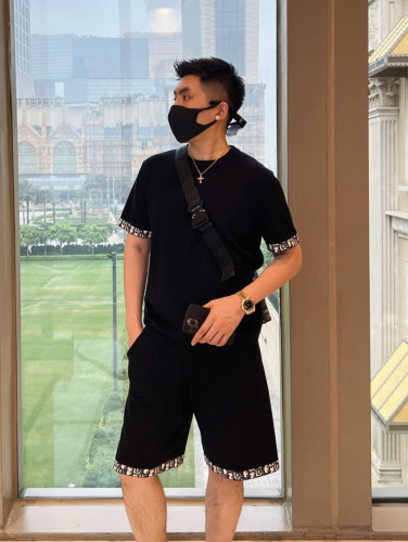 【冰玉短袖】针织凉感夏季提花翻边时尚休闲圆领短袖T恤男士百搭