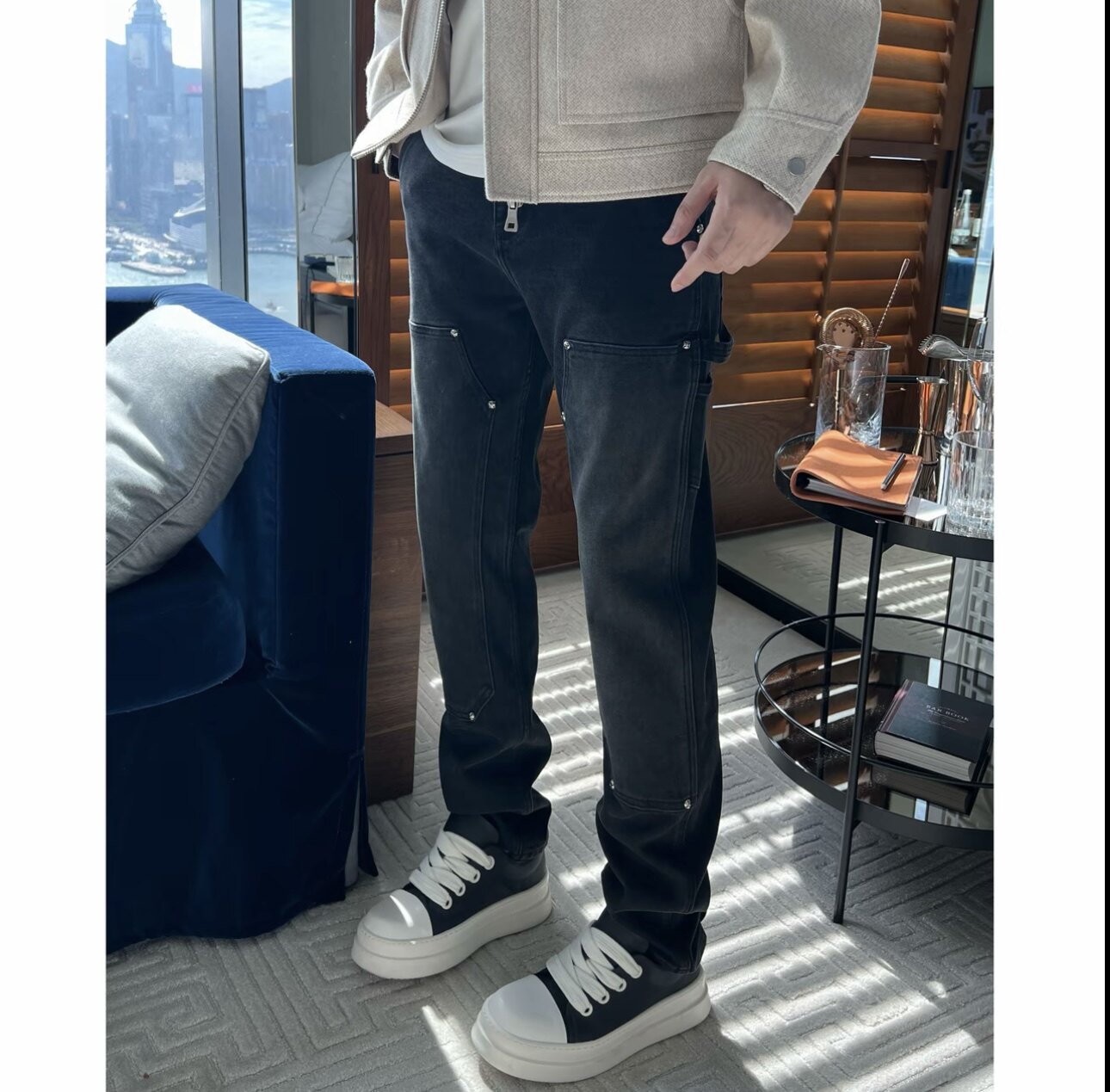 烟灰牛仔CH拼接新款男士加厚弹力休闲时尚百搭直筒牛仔裤