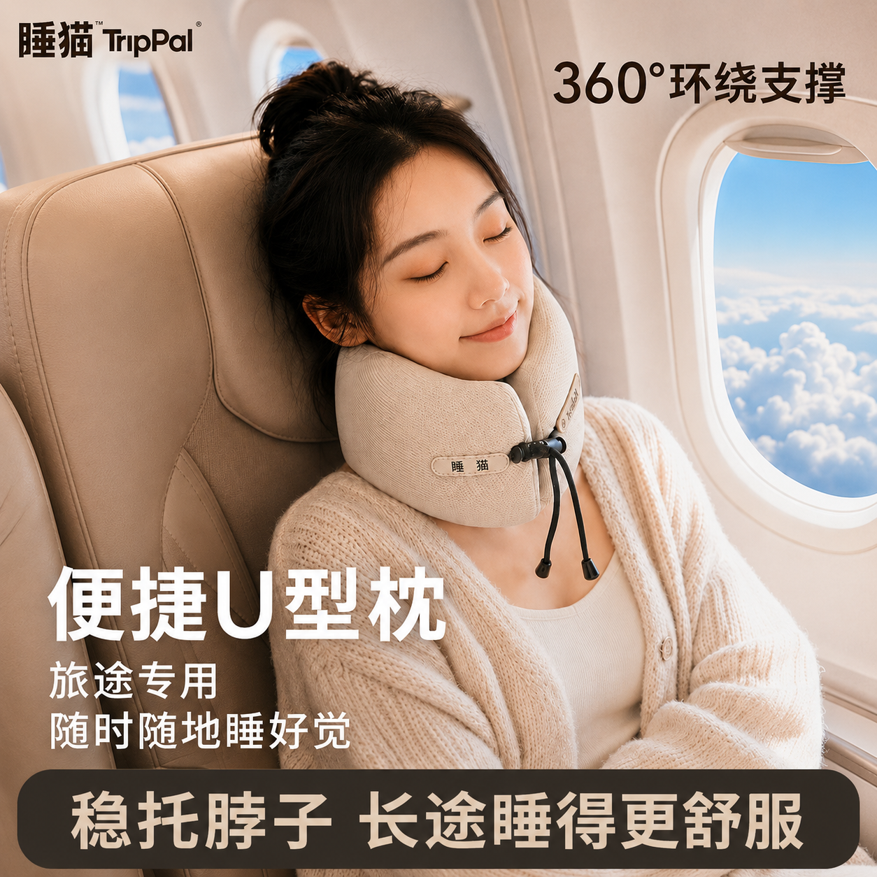 TripPal睡猫u型枕飞机护颈枕火车高铁睡觉专用头枕便携颈椎u形枕
