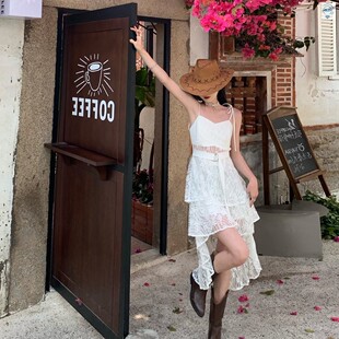 浅川酒一辣妹性感吊带蕾丝连衣裙夏日三亚海边度假超仙女白色裙子