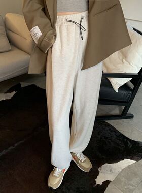 hallo koko定制女装灰白色运动裤女2022新款春秋纯棉显瘦阔腿慵懒
