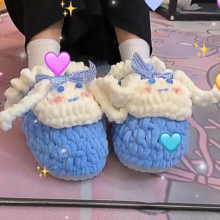 泡芙花手工编织拖鞋diy材料包情侣成品秋天冬天里的第一双玉桂狗