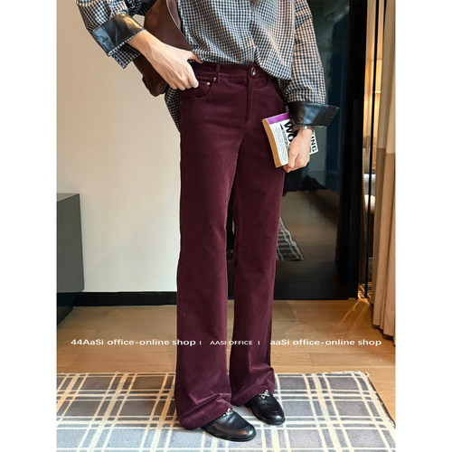 44AaSi冬天也是瘦子！油紫灯芯绒直筒休闲裤宽松百搭显瘦秋冬长裤