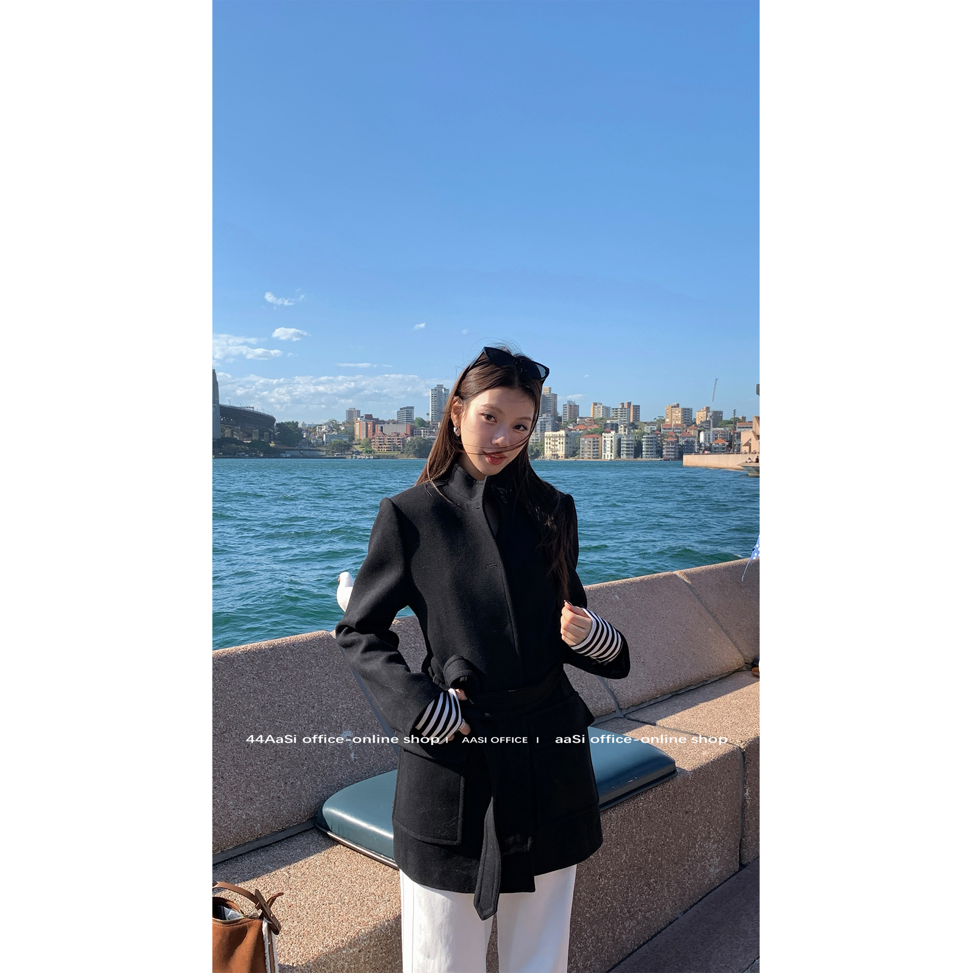 44AaSi 沙漏姐感 羊毛高雅修身显瘦气质黑色大衣秋冬宽松中长款