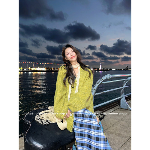 44AaSi 芥末wasabi 冬季糯糯杂纱毛灯笼袖慵懒感开衫保暖毛衣外套