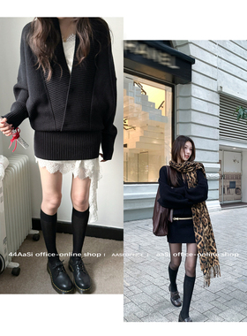 44AaSi早春 心头爱！超显瘦甜酷感叠穿大V领针织毛衣包臀修身裙
