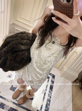 44AaSi 皎皎月白 浮雕丝绒蕾丝不规则吊带连衣裙拼接叠穿韩内搭裙