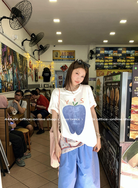 44AaSi 蓝色苹果 自制os大版型夏季蓝色系显瘦遮肉T恤短袖