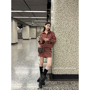 44AaSi 娜娜同款 新年格纹衬衫裙套装宽松长袖捏褶半身裙两件套