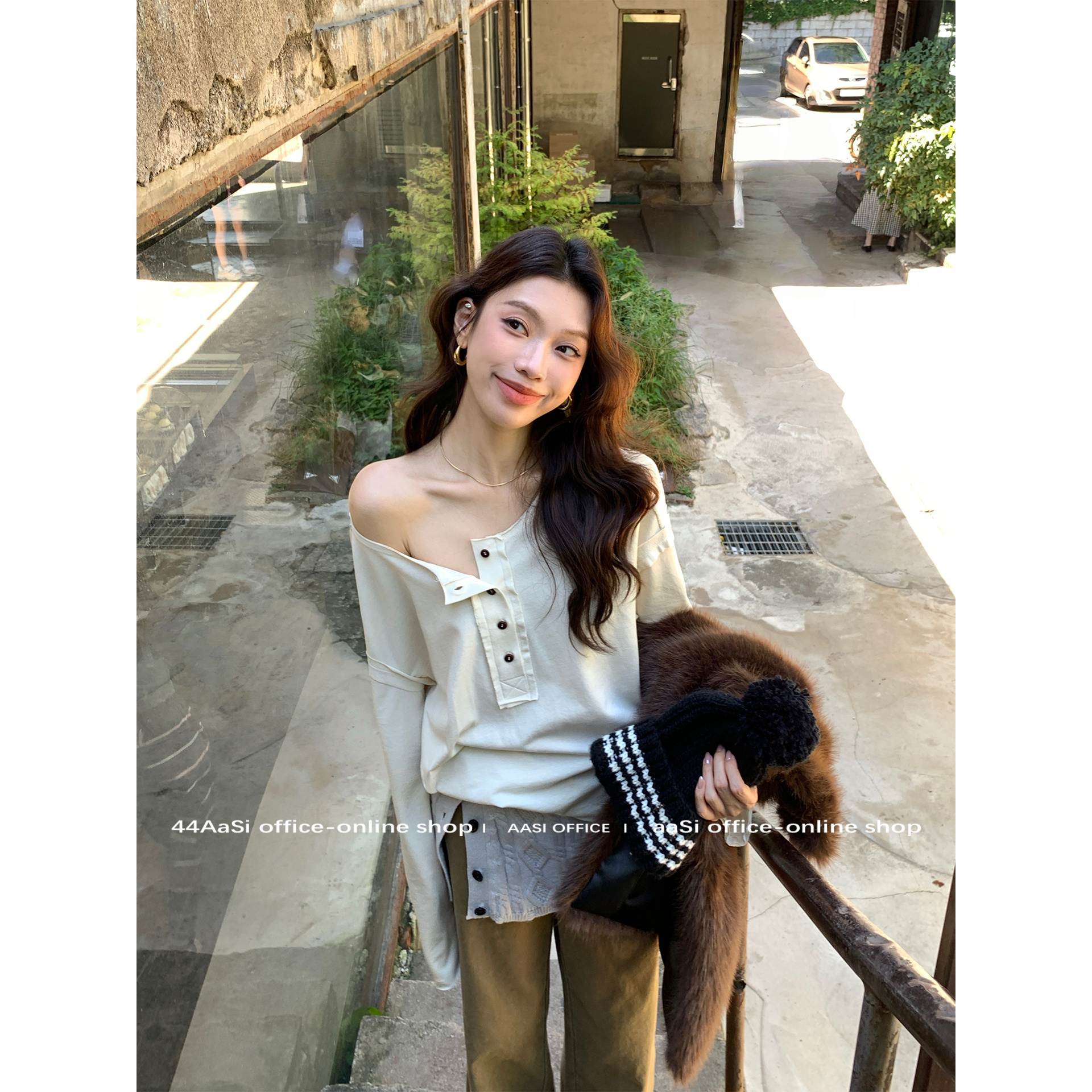 44AaSi 瘦瘦软t 亨利漏肩正穿早八首选好穿基础宽松长袖打底