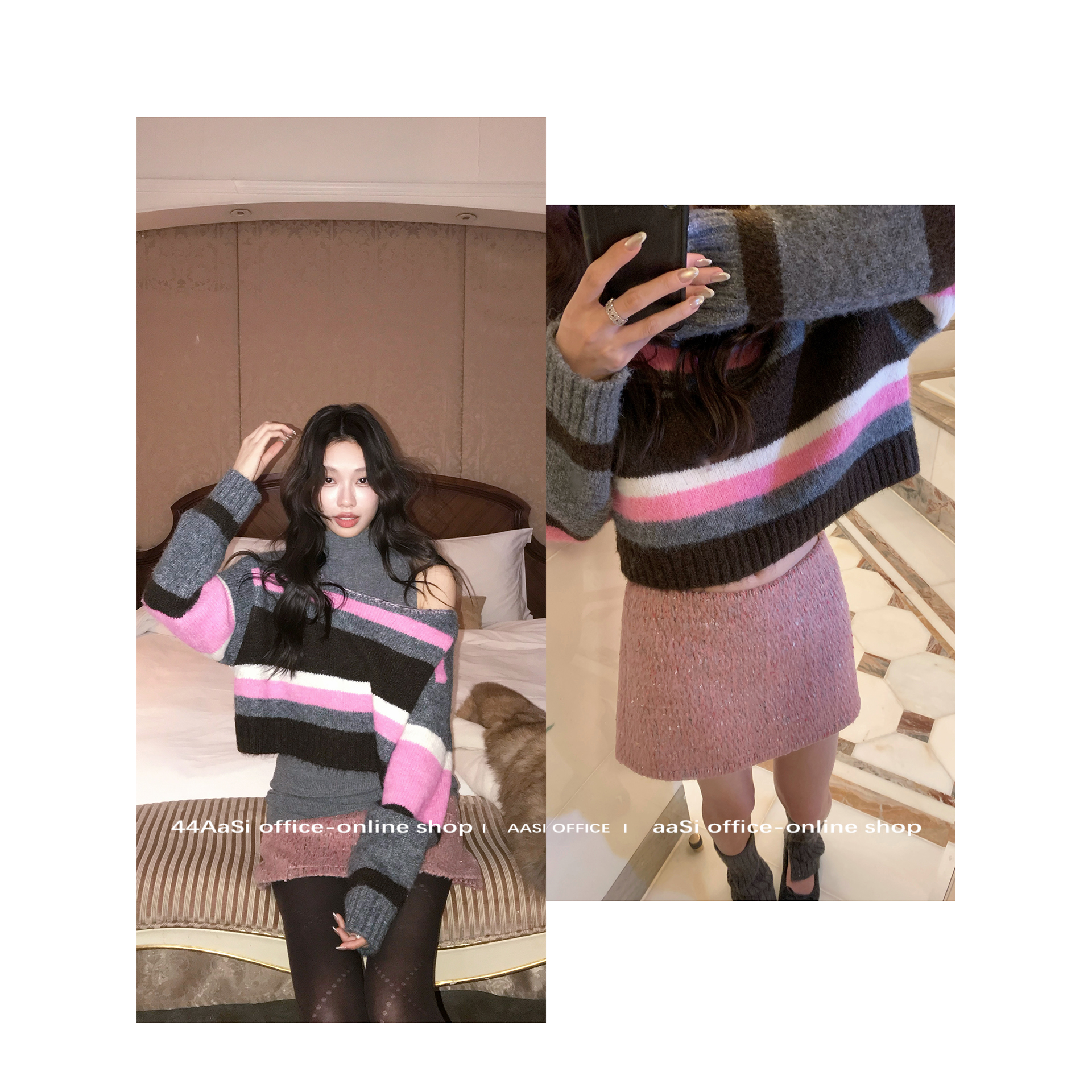 44AaSi 少女心事 两件套半高领漏肩条纹撞色毛衣圆领针织