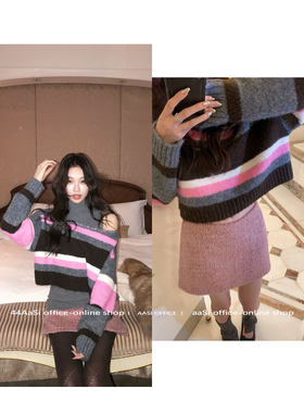 44AaSi 少女心事 两件套半高领漏肩条纹撞色毛衣圆领针织