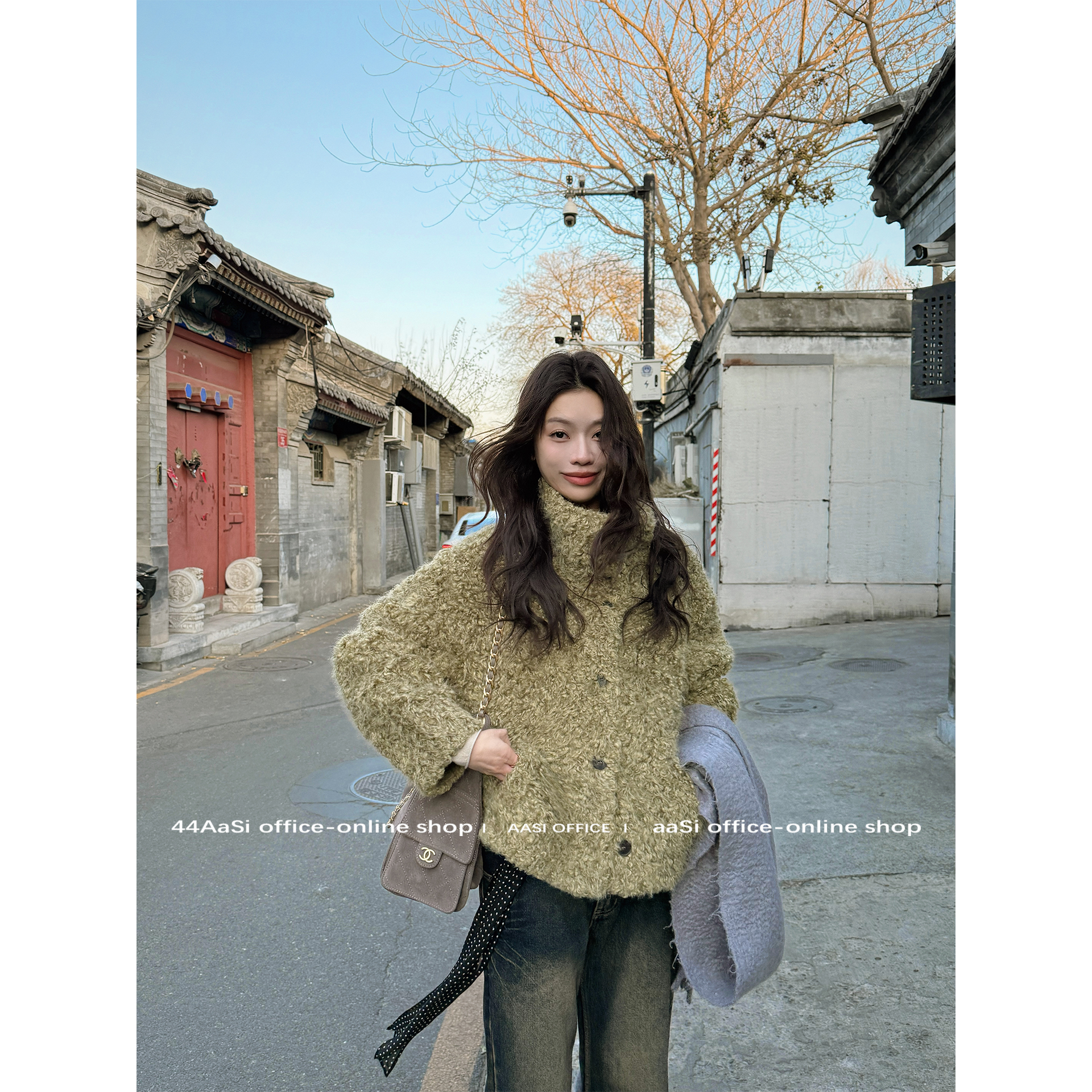 44AaSi 森林花笺 立领廓形环保仿羊羔毛皮毛一体翻领短款皮草外套