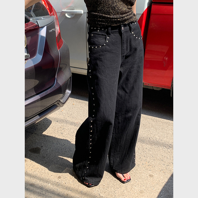【清仓6折】个性s服  铆钉春季宽松时尚休闲阔腿牛仔裤