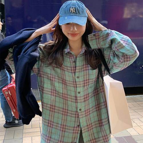 44AaSi  薄荷芋泥 亚麻格纹衬衫女长袖韩系中长款慵懒风衬衣