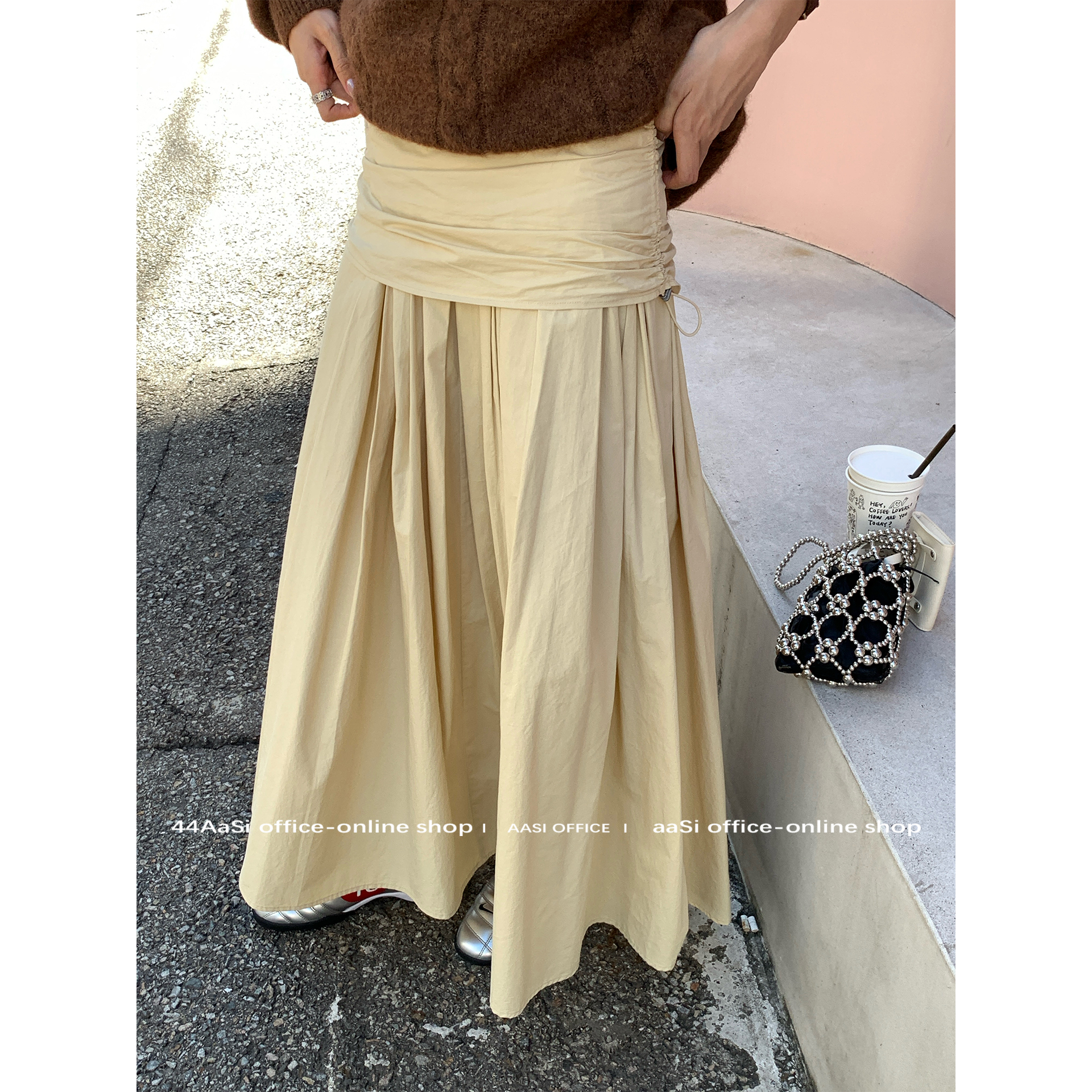 44AaSi 银杏漫游记 解构抽绳设计感压褶大摆垂感半身黄色百褶伞裙